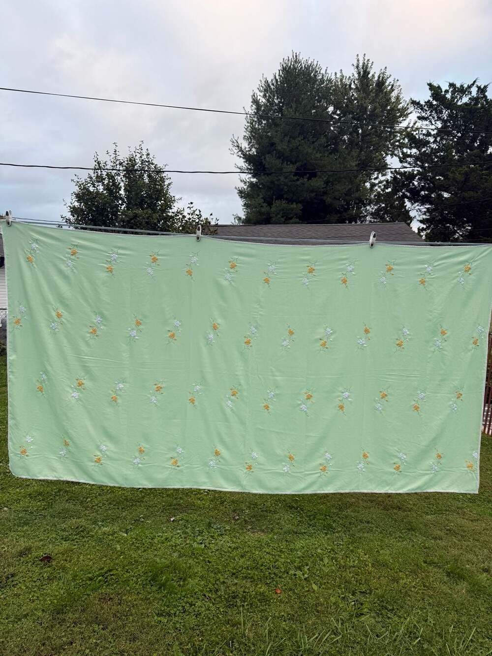 Vintage Embroidered Floral Tablecloth Green White Yellow Crochet Edge